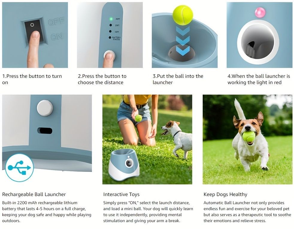 automatic dog ball launcher, dog ball thrower, rechargeable dog ball thrower, interactive dog toy, dog tennis ball launcher, fetch toy for dogs, indoor dog toy, outdoor dog toy, high energy dog toy, Australian dog toy - Blue - Size L