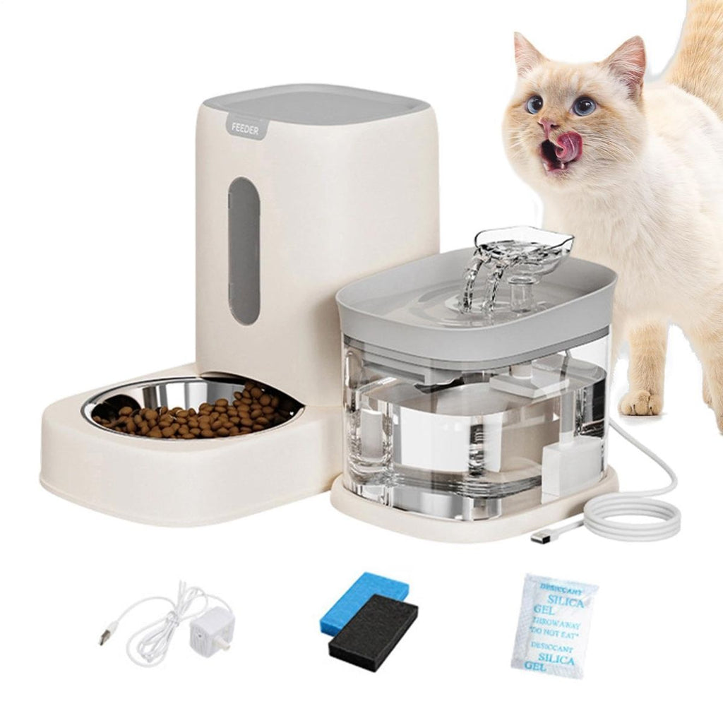 Automatic Cat Feeder and Water 2-in-1 Pet Automatic Fountain Food Bowl Spill-Proof Cat Waterer for Indoor Outdoor Home Vacation Balcony Living Room Bedroom - Gray - Size Feeder and Waterer