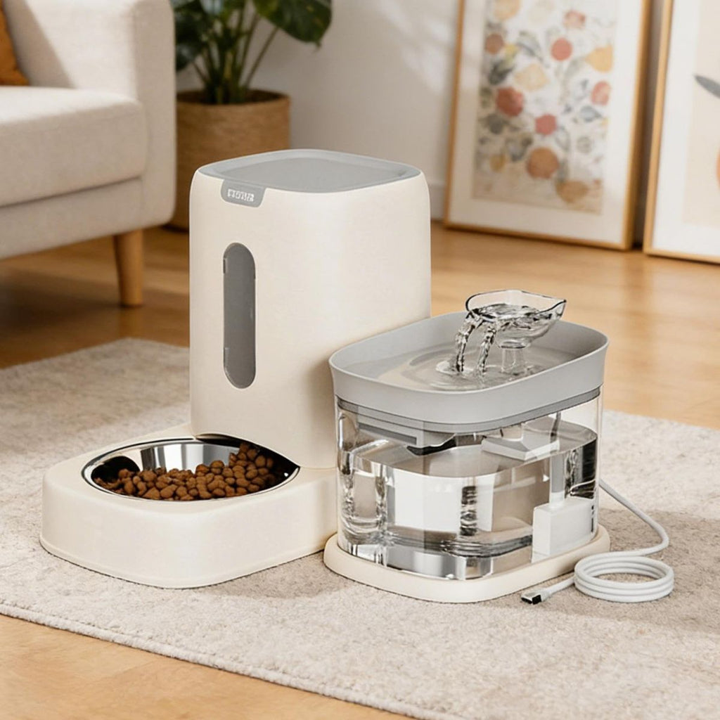 Automatic Cat Feeder and Water 2-in-1 Pet Automatic Fountain Food Bowl Spill-Proof Cat Waterer for Indoor Outdoor Home Vacation Balcony Living Room Bedroom - Gray - Size Feeder and Waterer