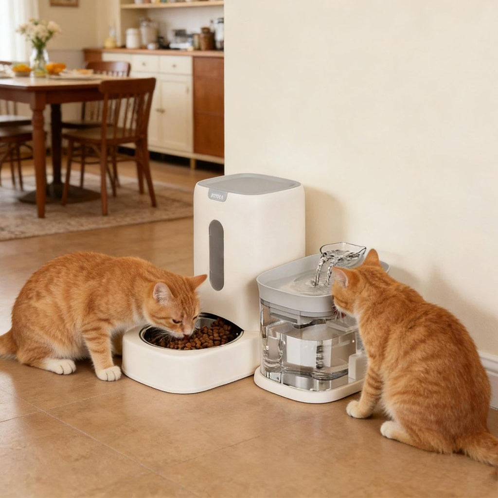 Automatic Cat Feeder and Water 2-in-1 Pet Automatic Fountain Food Bowl Spill-Proof Cat Waterer for Indoor Outdoor Home Vacation Balcony Living Room Bedroom - Gray - Size Feeder and Waterer