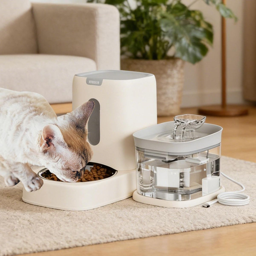 Automatic Cat Feeder and Water 2-in-1 Pet Automatic Fountain Food Bowl Spill-Proof Cat Waterer for Indoor Outdoor Home Vacation Balcony Living Room Bedroom - Gray - Size Feeder and Waterer