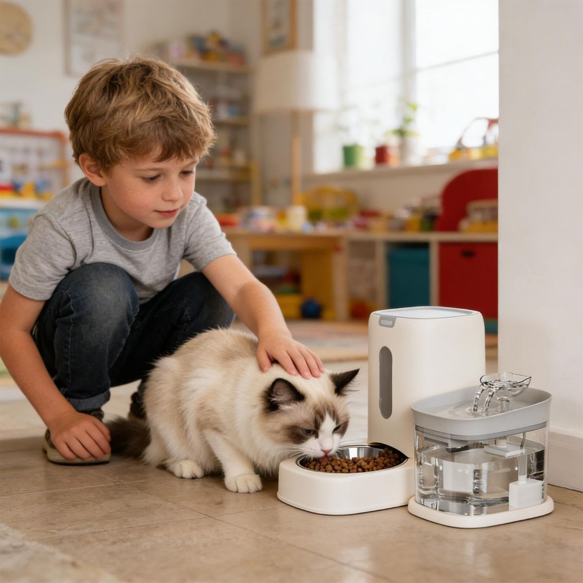 Automatic Cat Feeder and Water 2-in-1 Pet Automatic Fountain Food Bowl Spill-Proof Cat Waterer for Indoor Outdoor Home Vacation Balcony Living Room Bedroom - Gray - Size Feeder and Waterer