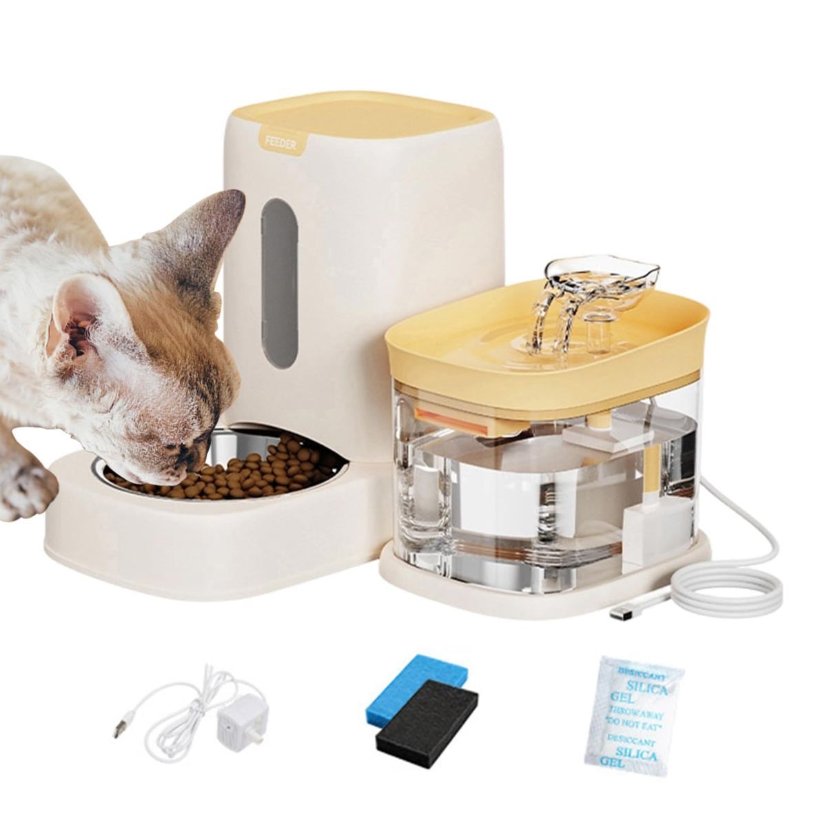 Automatic Cat Feeder and Water 2-in-1 Pet Automatic Fountain Food Bowl Spill-Proof Cat Waterer for Indoor Outdoor Home Vacation Balcony Living Room Bedroom - Gray - Size Feeder and Waterer