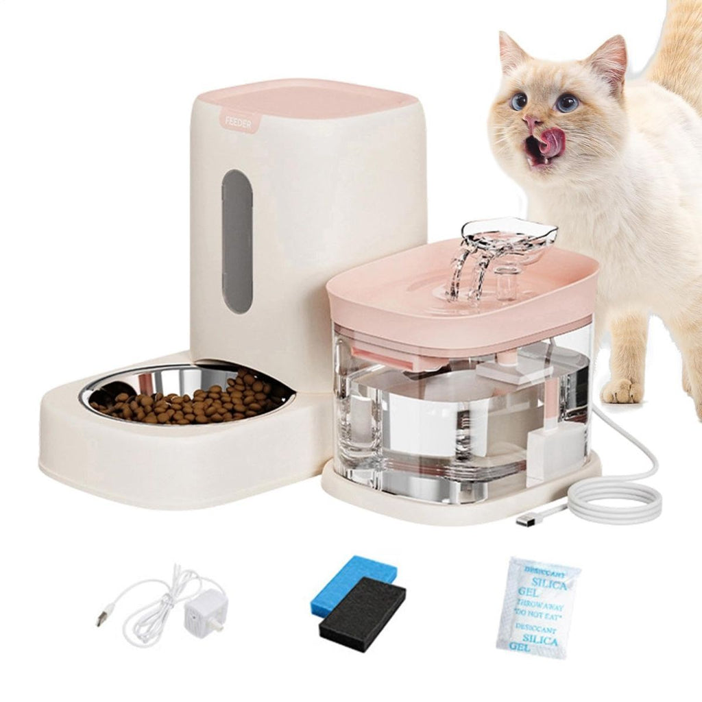 Automatic Cat Feeder and Water 2-in-1 Pet Automatic Fountain Food Bowl Spill-Proof Cat Waterer for Indoor Outdoor Home Vacation Balcony Living Room Bedroom - Gray - Size Feeder and Waterer