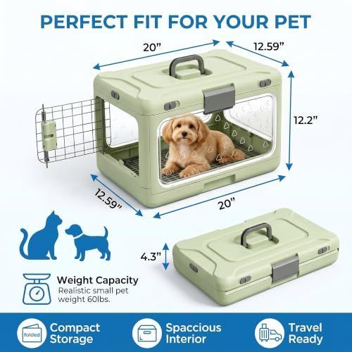 Foldable Hard Cat Carrier, Transparent Pet Crate for Cats & Small Dogs, Collapsible Travel Kennel with Ventilation & Urine Pad Mesh Grid, Portable Travel cage, Essential for pet Travel - Apricot - Size 20*12.59*12.2in