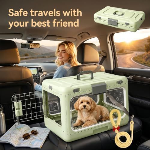 Foldable Hard Cat Carrier, Transparent Pet Crate for Cats & Small Dogs, Collapsible Travel Kennel with Ventilation & Urine Pad Mesh Grid, Portable Travel cage, Essential for pet Travel - Apricot - Size 20*12.59*12.2in