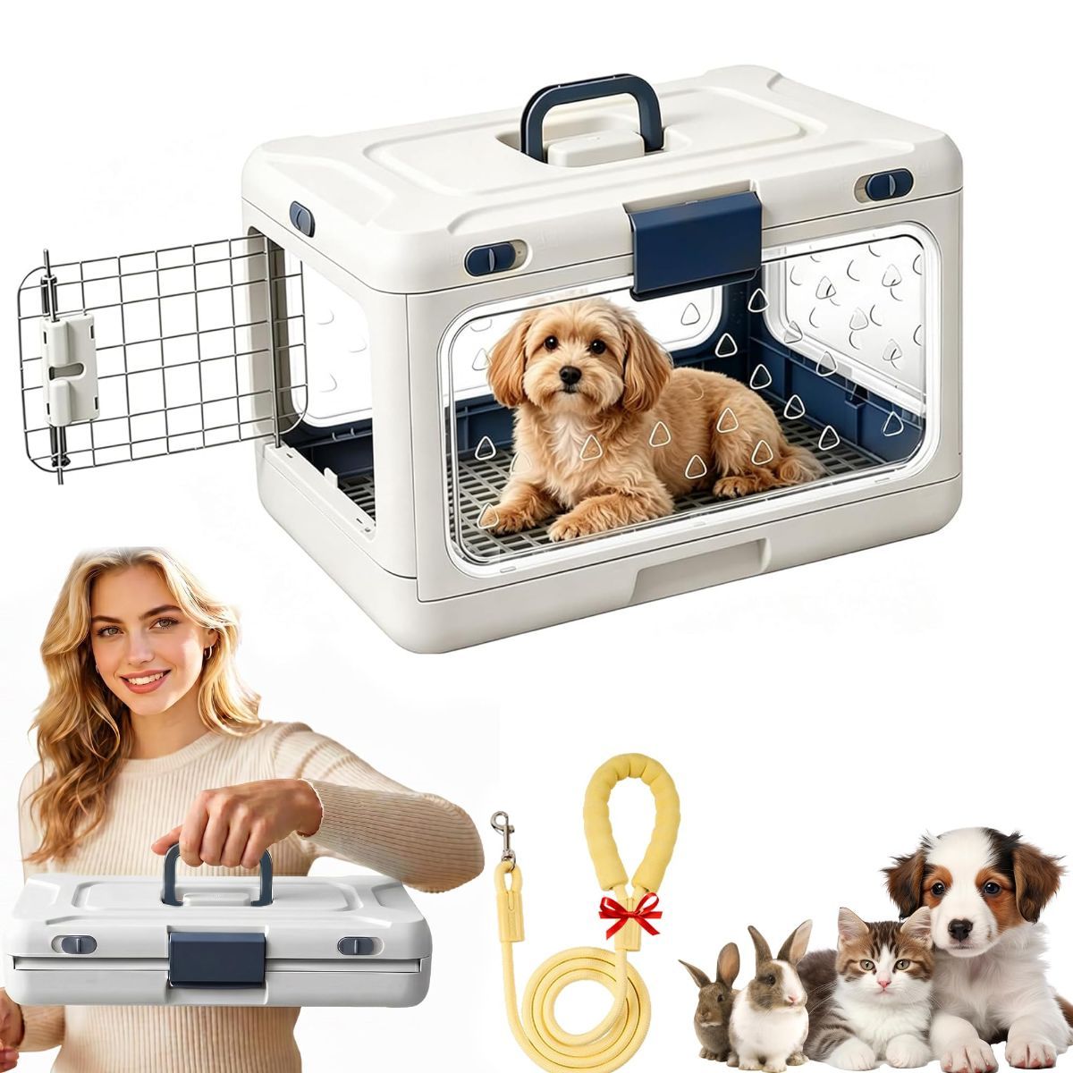 Foldable Hard Cat Carrier, Transparent Pet Crate for Cats & Small Dogs, Collapsible Travel Kennel with Ventilation & Urine Pad Mesh Grid, Portable Travel cage, Essential for pet Travel - Green - Size 20*12.59*12.2in