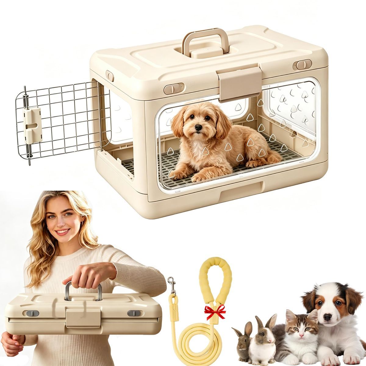Foldable Hard Cat Carrier, Transparent Pet Crate for Cats & Small Dogs, Collapsible Travel Kennel with Ventilation & Urine Pad Mesh Grid, Portable Travel cage, Essential for pet Travel - Green - Size 20*12.59*12.2in