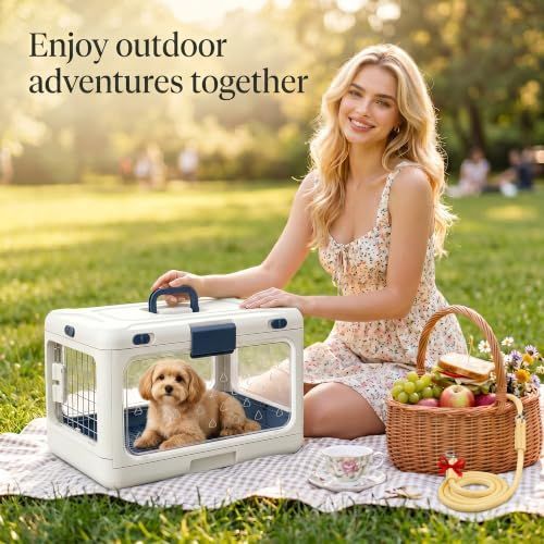 Foldable Hard Cat Carrier, Transparent Pet Crate for Cats & Small Dogs, Collapsible Travel Kennel with Ventilation & Urine Pad Mesh Grid, Portable Travel cage, Essential for pet Travel - White - Size 20*12.59*12.2in