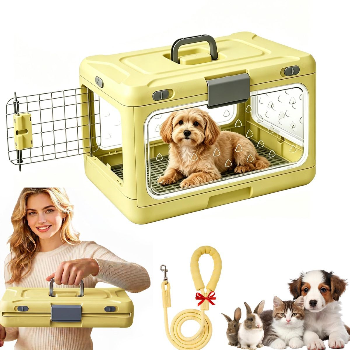 Foldable Hard Cat Carrier, Transparent Pet Crate for Cats & Small Dogs, Collapsible Travel Kennel with Ventilation & Urine Pad Mesh Grid, Portable Travel cage, Essential for pet Travel - White - Size 20*12.59*12.2in