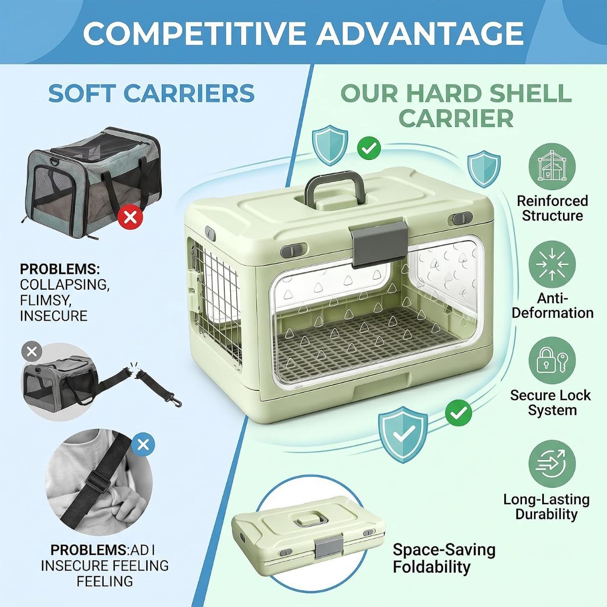 Foldable Hard Cat Carrier, Transparent Pet Crate for Cats & Small Dogs, Collapsible Travel Kennel with Ventilation & Urine Pad Mesh Grid, Portable Travel cage, Essential for pet Travel - Yellow - Size 20*12.59*12.2in