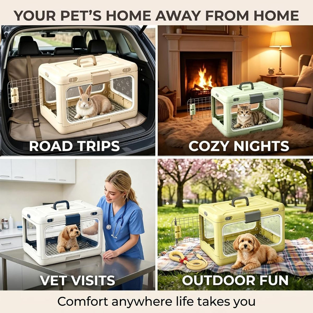 Foldable Hard Cat Carrier, Transparent Pet Crate for Cats & Small Dogs, Collapsible Travel Kennel with Ventilation & Urine Pad Mesh Grid, Portable Travel cage, Essential for pet Travel - Yellow - Size 20*12.59*12.2in