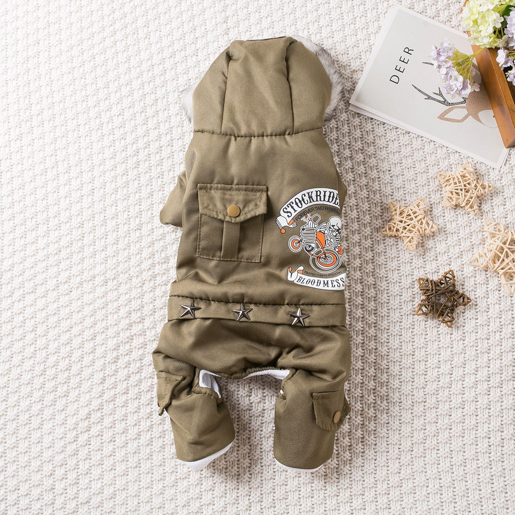 Qi Pet Dog Clothes Thickened Four Legged Warm locomotive hand army green S