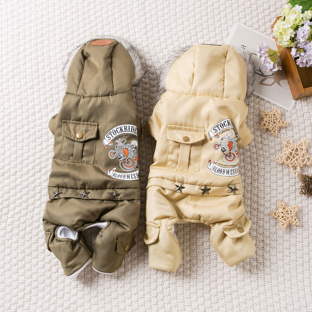 Qi Pet Dog Clothes Thickened Four Legged Warm locomotive hand army green S