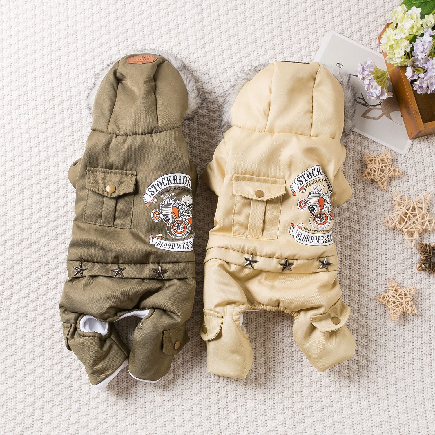 Qi Pet Dog Clothes Thickened Four Legged Warm locomotive hand army green S