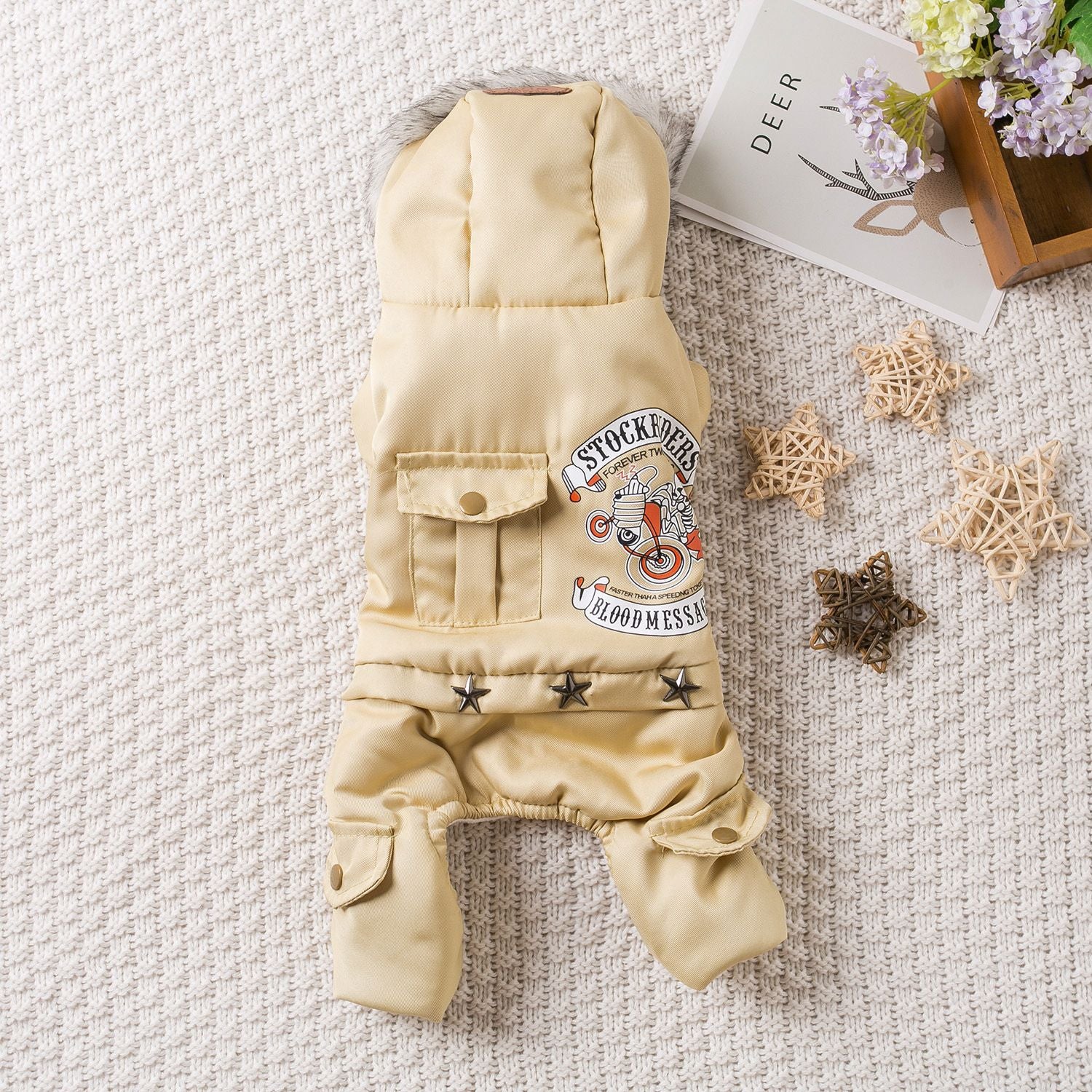 Qi Pet Dog Clothes Thickened Four Legged Warm locomotive hand army green S