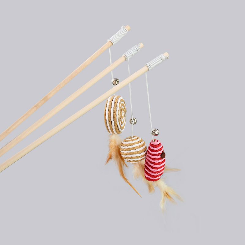 Wooden Cat Teaser Stick Water Drop Pet Feather Mouse Wooden pole round ball feather As shown in the figure