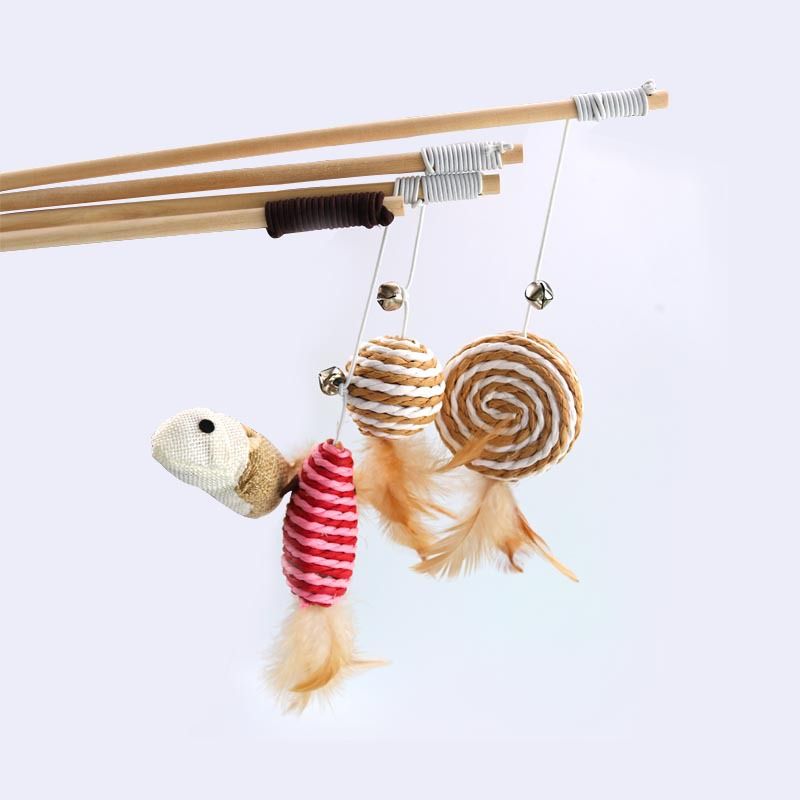 Wooden Cat Teaser Stick Water Drop Pet Feather Mouse Wooden pole round ball feather As shown in the figure