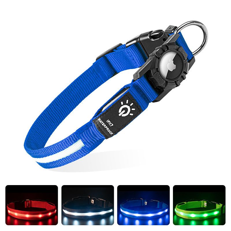 Saint Ye LED Waterproof Dog Collar Airtag Nylon Blue light bead model [waterproof] L：39-55×2.5CM