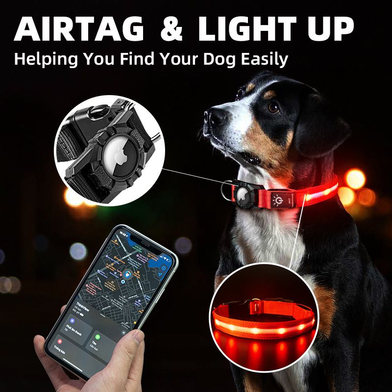 Saint Ye LED Waterproof Dog Collar Airtag Nylon Blue light bead model [waterproof] L：39-55×2.5CM