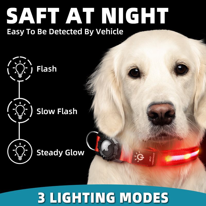 Saint Ye LED Waterproof Dog Collar Airtag Nylon Blue light bead model [waterproof] L：39-55×2.5CM