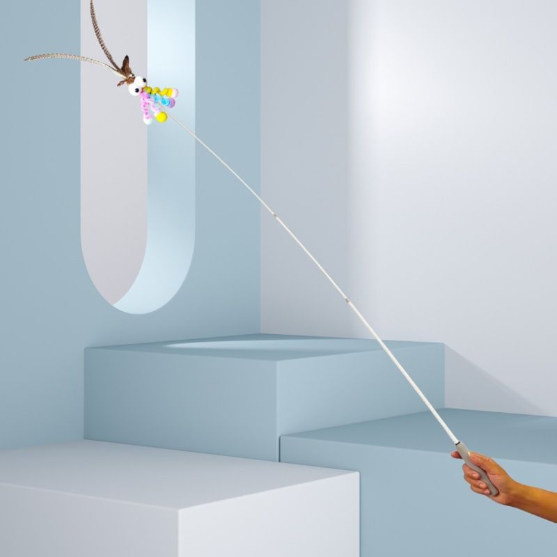 CHIYOOSU Cat Teaser Wand with Feather Bell Indian big-eyed monster extension pole with three sections telescopic