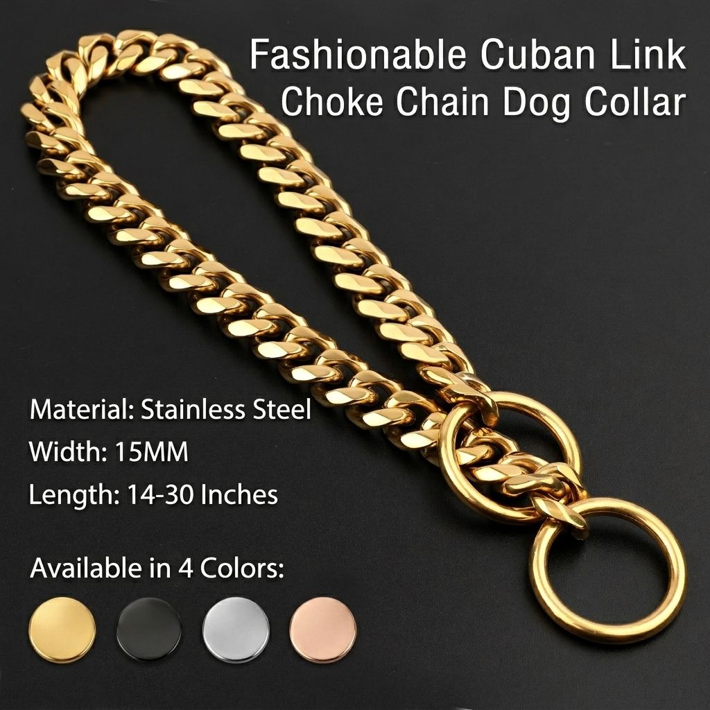 Stylish Cuban Link Dog Choke Chain Collar in Premium Stainless Steel – Available in Gold, Black, Steel, and Rose Gold, Designed for Training Control and Everyday Fashionable Wear, Fitting Small to Large Breeds with Adjustable Length Options. (RoseGold, 15