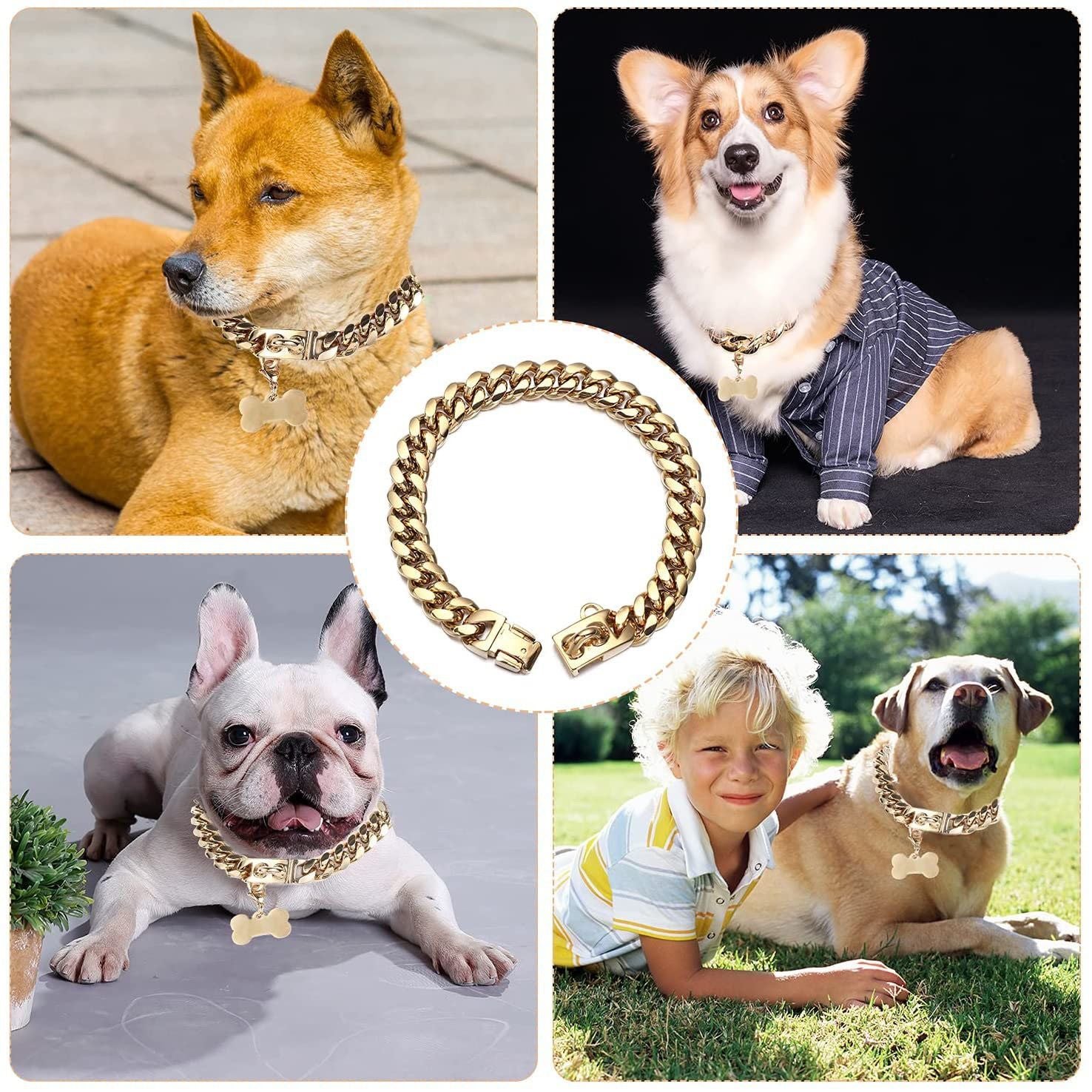 Heavy-Duty Metal Cuban Link Dog Collar with Bone Charm – 14mm Stainless Steel Hip-Hop Chain Necklace for Everyday Walks, Outdoor Adventures, and Stylish Pet Accessories in Gold, Silver, Black, and Rose Gold (RoseGold, 14mm*75cm（30in）)