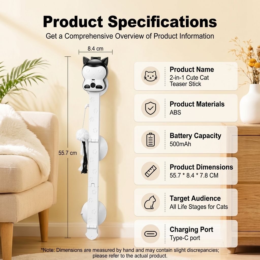 2-in-1 Automatic Cat Teaser Wand with Strong Suction Base, Interactive Feather & Plush Ball Toy for Indoor Cats, Wall-Mounted Self-Play Kicker for All Ages, Rechargeable Smart Motion Catnip-Free Playmate (White, S)
