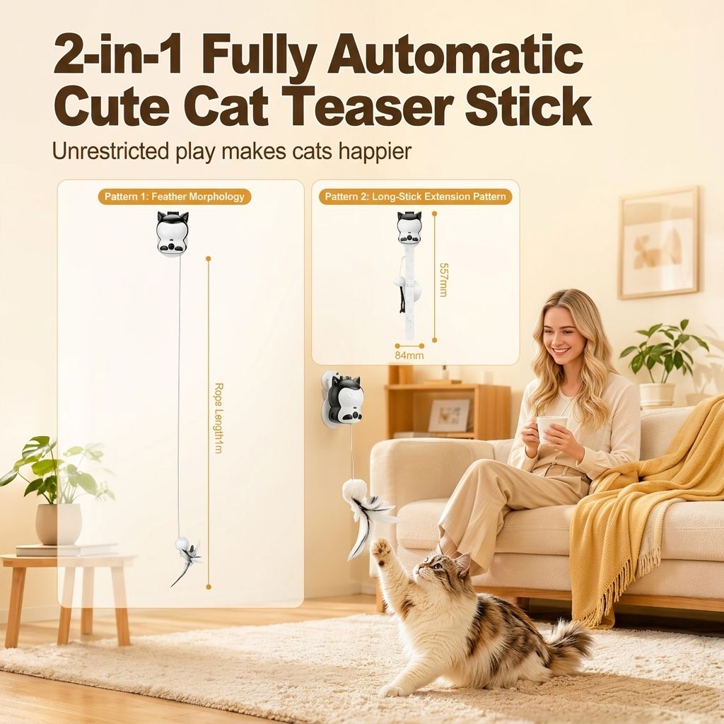 2-in-1 Automatic Cat Teaser Wand with Strong Suction Base, Interactive Feather & Plush Ball Toy for Indoor Cats, Wall-Mounted Self-Play Kicker for All Ages, Rechargeable Smart Motion Catnip-Free Playmate (White, S)