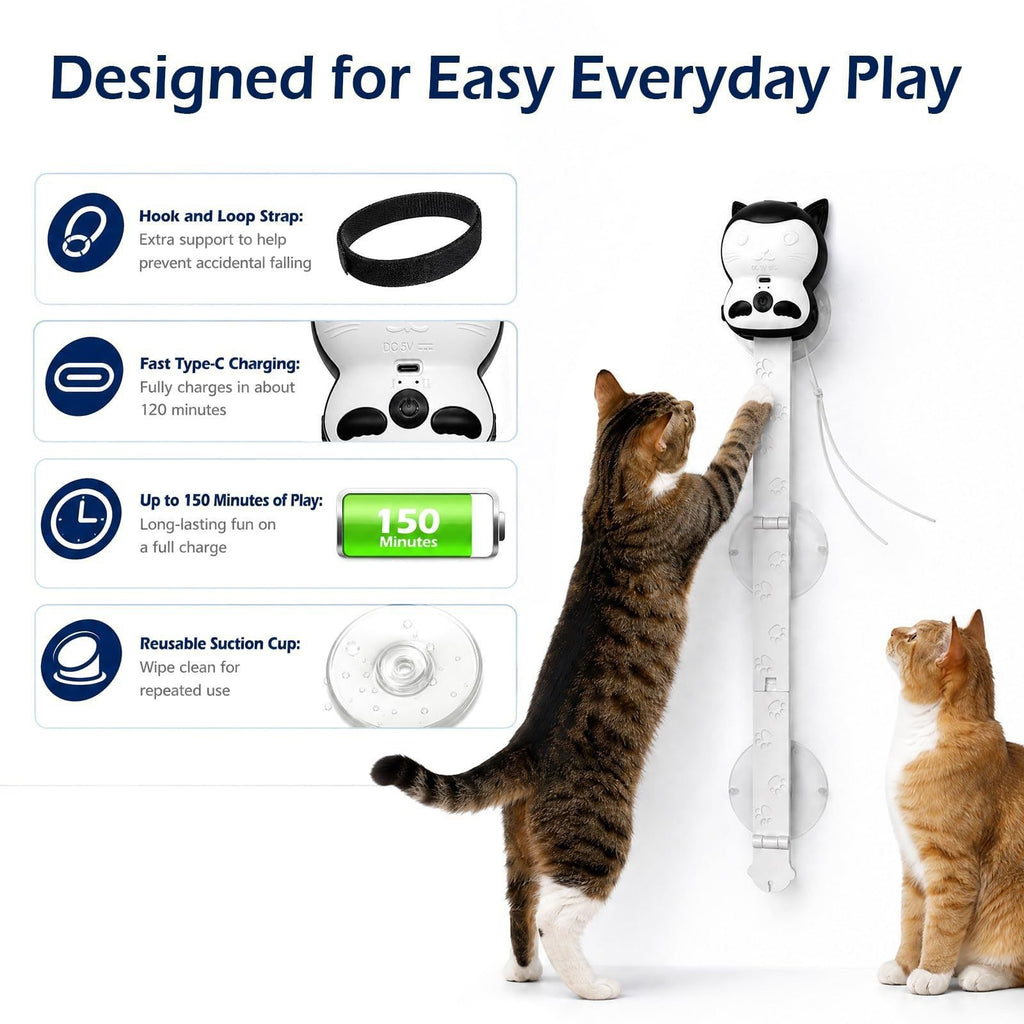 2-in-1 Automatic Cat Teaser Wand with Strong Suction Base, Interactive Feather & Plush Ball Toy for Indoor Cats, Wall-Mounted Self-Play Kicker for All Ages, Rechargeable Smart Motion Catnip-Free Playmate (White, S)