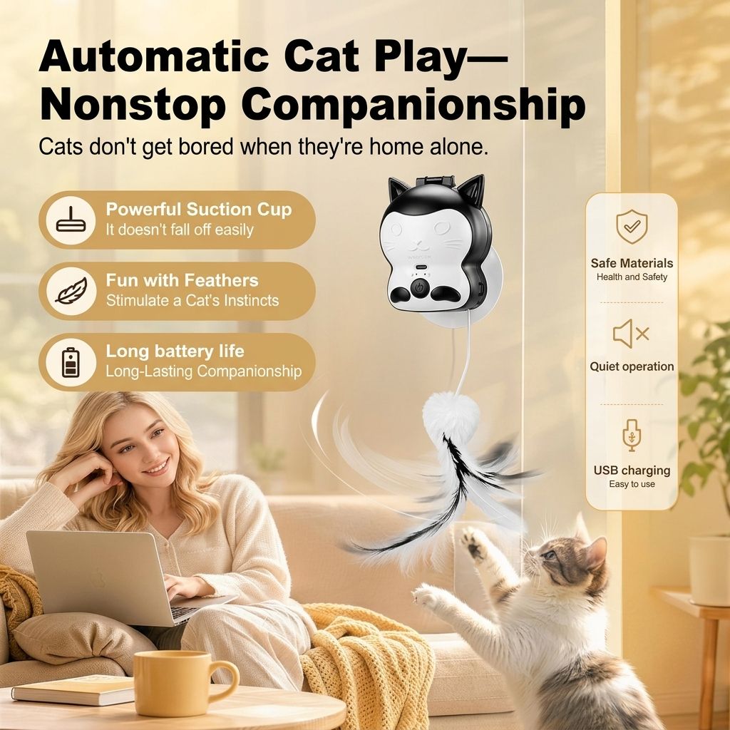 2-in-1 Automatic Cat Teaser Wand with Strong Suction Base, Interactive Feather & Plush Ball Toy for Indoor Cats, Wall-Mounted Self-Play Kicker for All Ages, Rechargeable Smart Motion Catnip-Free Playmate (White, S)