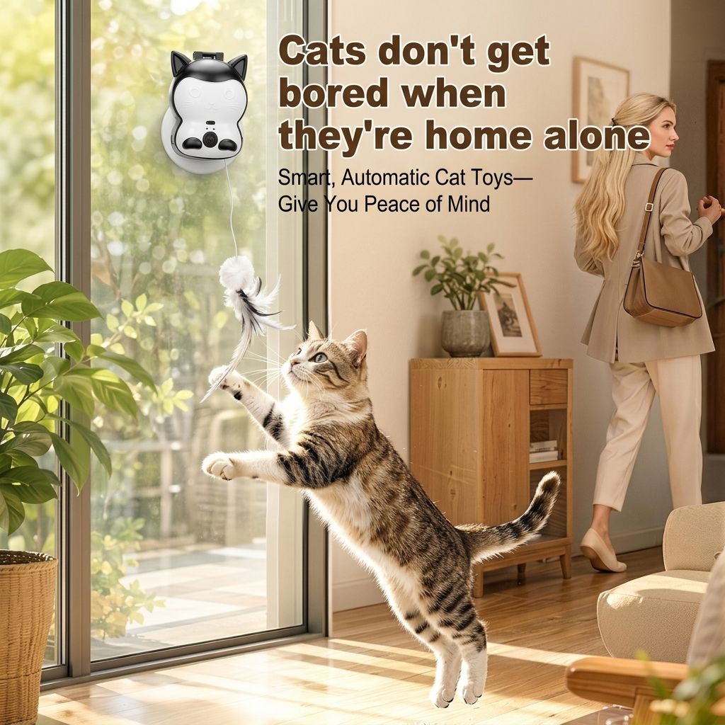 2-in-1 Automatic Cat Teaser Wand with Strong Suction Base, Interactive Feather & Plush Ball Toy for Indoor Cats, Wall-Mounted Self-Play Kicker for All Ages, Rechargeable Smart Motion Catnip-Free Playmate (White, S)