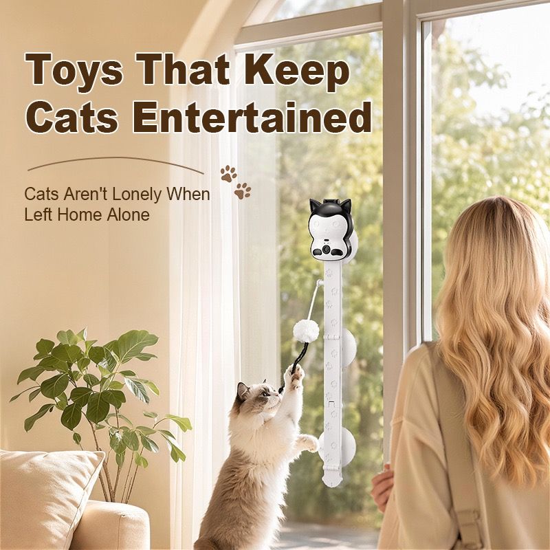 2-in-1 Automatic Cat Teaser Wand with Strong Suction Base, Interactive Feather & Plush Ball Toy for Indoor Cats, Wall-Mounted Self-Play Kicker for All Ages, Rechargeable Smart Motion Catnip-Free Playmate (White, S)
