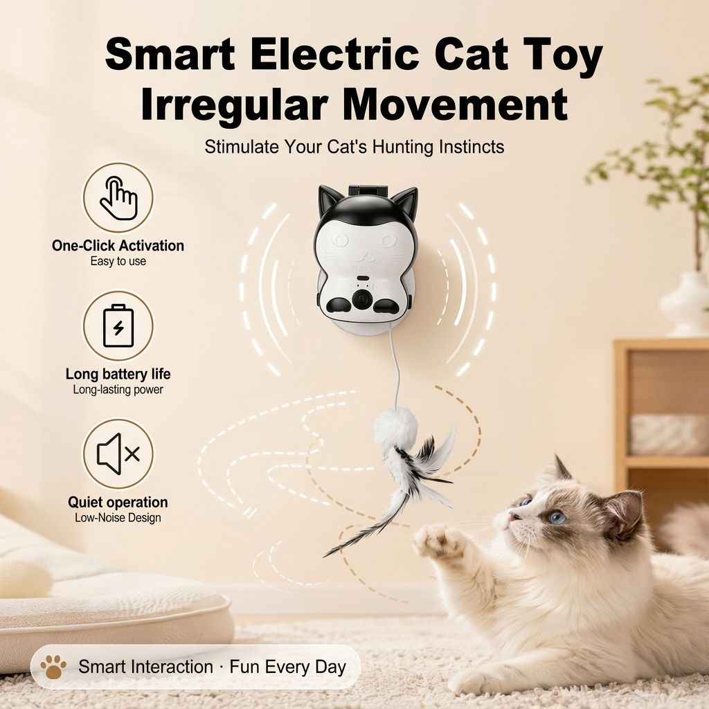2-in-1 Automatic Cat Teaser Wand with Strong Suction Base, Interactive Feather & Plush Ball Toy for Indoor Cats, Wall-Mounted Self-Play Kicker for All Ages, Rechargeable Smart Motion Catnip-Free Playmate (White, S)