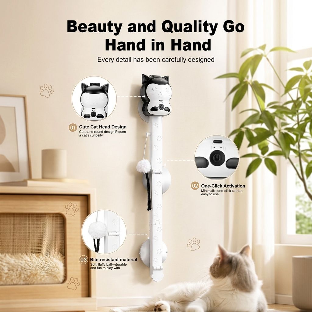 2-in-1 Automatic Cat Teaser Wand with Strong Suction Base, Interactive Feather & Plush Ball Toy for Indoor Cats, Wall-Mounted Self-Play Kicker for All Ages, Rechargeable Smart Motion Catnip-Free Playmate (White, S)