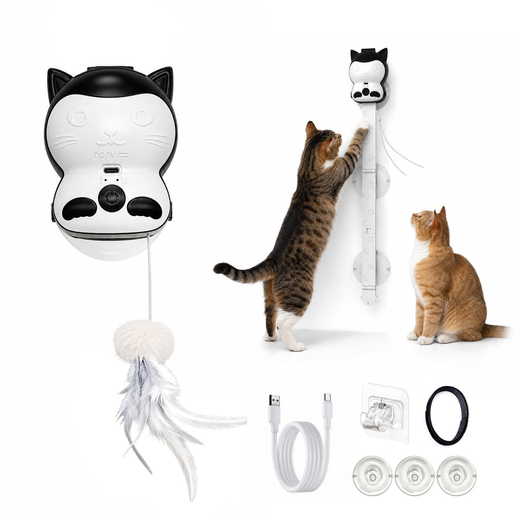 2-in-1 Automatic Cat Teaser Wand with Strong Suction Base, Interactive Feather & Plush Ball Toy for Indoor Cats, Wall-Mounted Self-Play Kicker for All Ages, Rechargeable Smart Motion Catnip-Free Playmate (White, S)