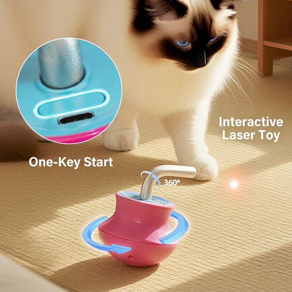 Interactive Tumbler Cat Toy with 360° Rotating Laser Pointer – Auto-Activated, Low-Noise, Self-Entertainment Play for Indoor Cats, Durable Anti-Tip Design for Floor or Carpet Fun (Pink)