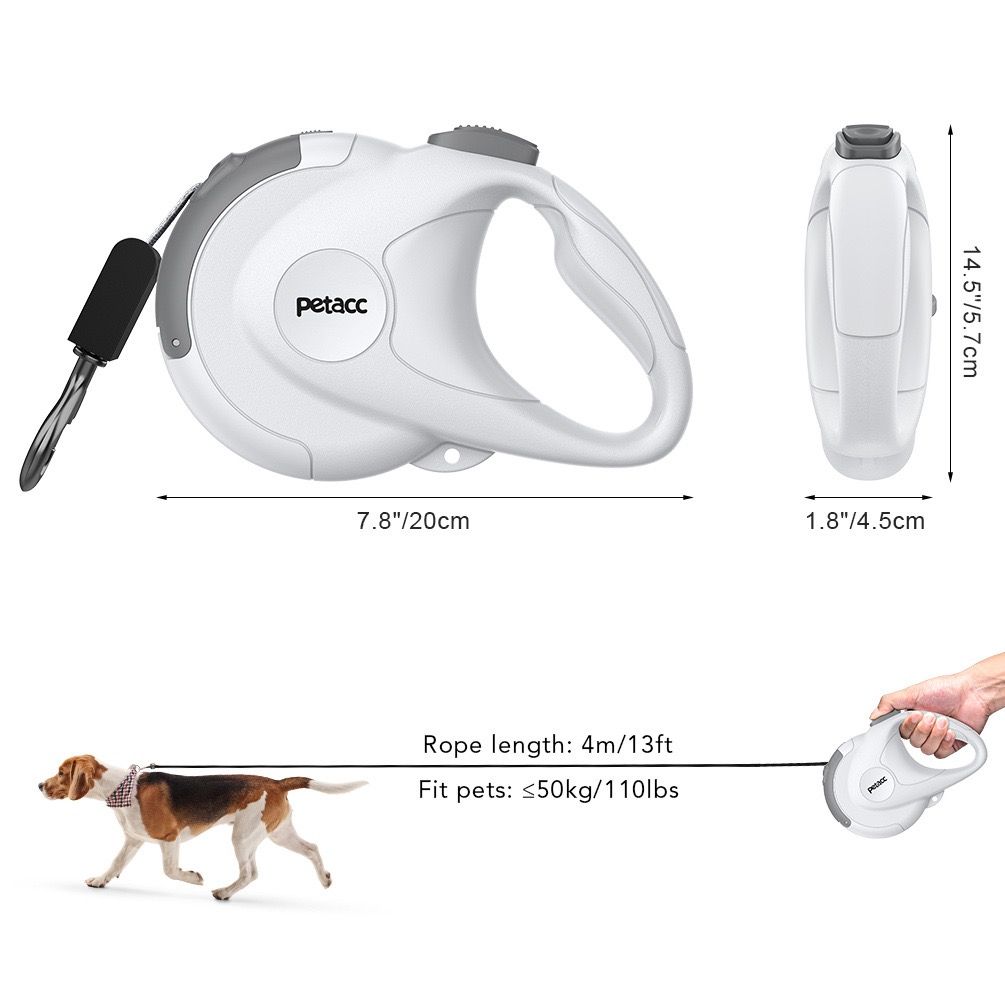 Retractable Dog Leash with Replaceable Rope, Anti-Shock ABS Shell, 5M Stainless Steel Spring, Reflective Webbing Strap & Zinc Alloy Hook for Medium to Large Dogs, Outdoor Walking, Beach, Park, and Daily Use (White)