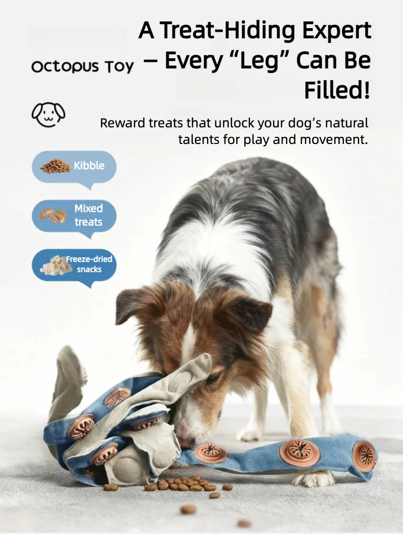 Interactive Octopus Puzzle Toy for Dogs – Snuffle Mat & Treat Dispenser Combo for Slow Feeding, Mental Stimulation, and Boredom Relief, Made from Recycled Fire Hose and Natural Rubber, Perfect for Solo or Bonding Play (Blue)