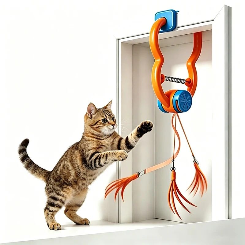 Interactive Door Clip Cat Toy with Bouncy Spring and Replaceable Teaser Tail – Self-Play Entertainer for Solo Cats, Mounts on Doorframes, Tables, or Cat Trees to Spark Hunting Instincts and Burn Off Excess Energy (Orange)