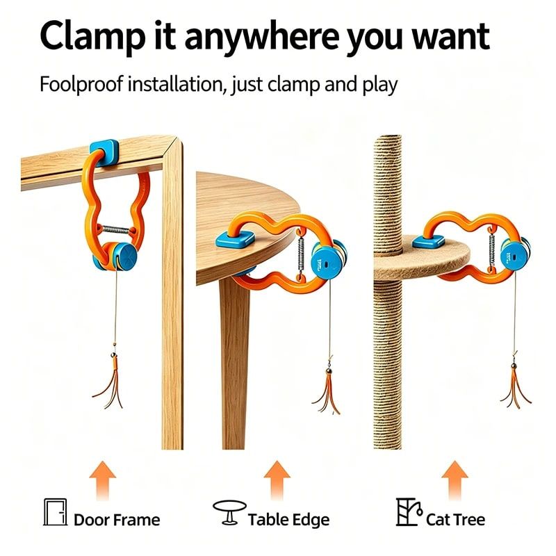 Interactive Door Clip Cat Toy with Bouncy Spring and Replaceable Teaser Tail – Self-Play Entertainer for Solo Cats, Mounts on Doorframes, Tables, or Cat Trees to Spark Hunting Instincts and Burn Off Excess Energy (Orange)