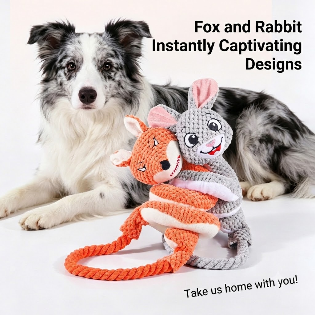 Spiral Plush Tug Toy for Large Dogs with Crinkle Sound and Durable Cotton Rope, Fox & Rabbit Designs – Perfect for Tug-of-War, Fetch, and Chewing Fun Indoors and Outdoors (Fox × Rabbit)