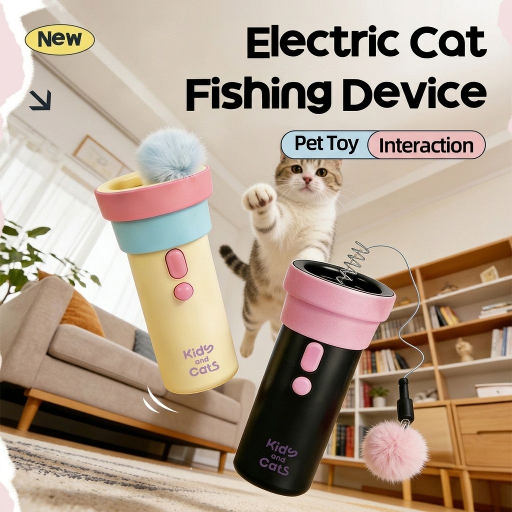 Interactive Electric Cat Fishing Toy with Retractable Feather Wand, Auto-Play Mode for Indoor Exercise, Handheld or Hands-Free Fun to Spark Your Cat’s Hunting Instinct, Lightweight and Durable, 3 Vibrant Color Options (Black And Pink)