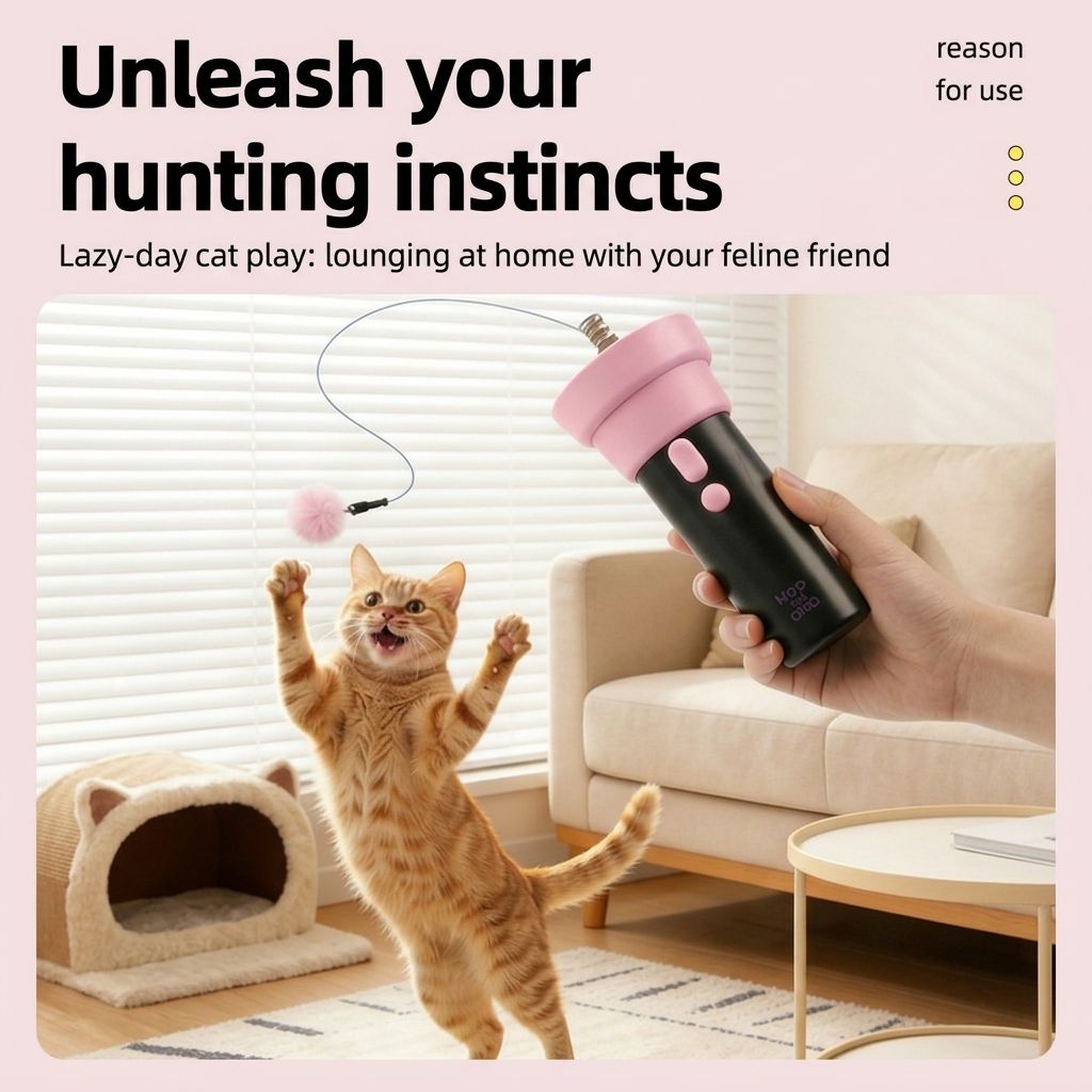 Interactive Electric Cat Fishing Toy with Retractable Feather Wand, Auto-Play Mode for Indoor Exercise, Handheld or Hands-Free Fun to Spark Your Cat’s Hunting Instinct, Lightweight and Durable, 3 Vibrant Color Options (Black And Pink)