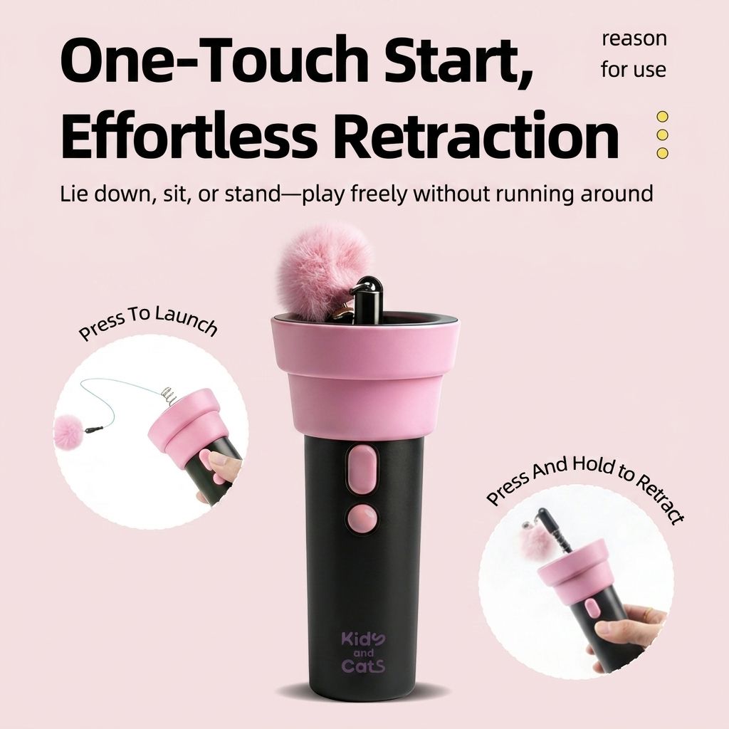 Interactive Electric Cat Fishing Toy with Retractable Feather Wand, Auto-Play Mode for Indoor Exercise, Handheld or Hands-Free Fun to Spark Your Cat’s Hunting Instinct, Lightweight and Durable, 3 Vibrant Color Options (Black And Pink)