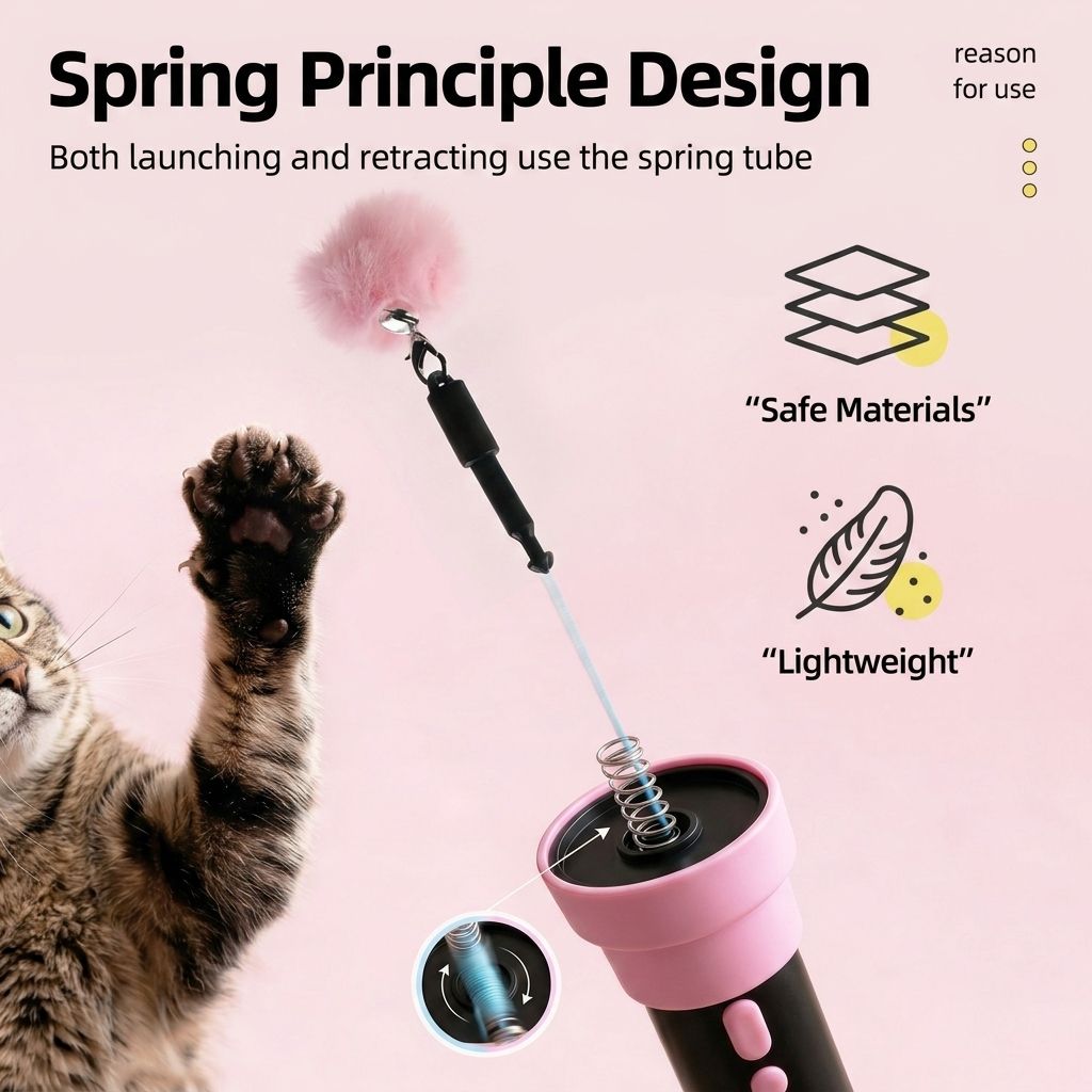 Interactive Electric Cat Fishing Toy with Retractable Feather Wand, Auto-Play Mode for Indoor Exercise, Handheld or Hands-Free Fun to Spark Your Cat’s Hunting Instinct, Lightweight and Durable, 3 Vibrant Color Options (Black And Pink)