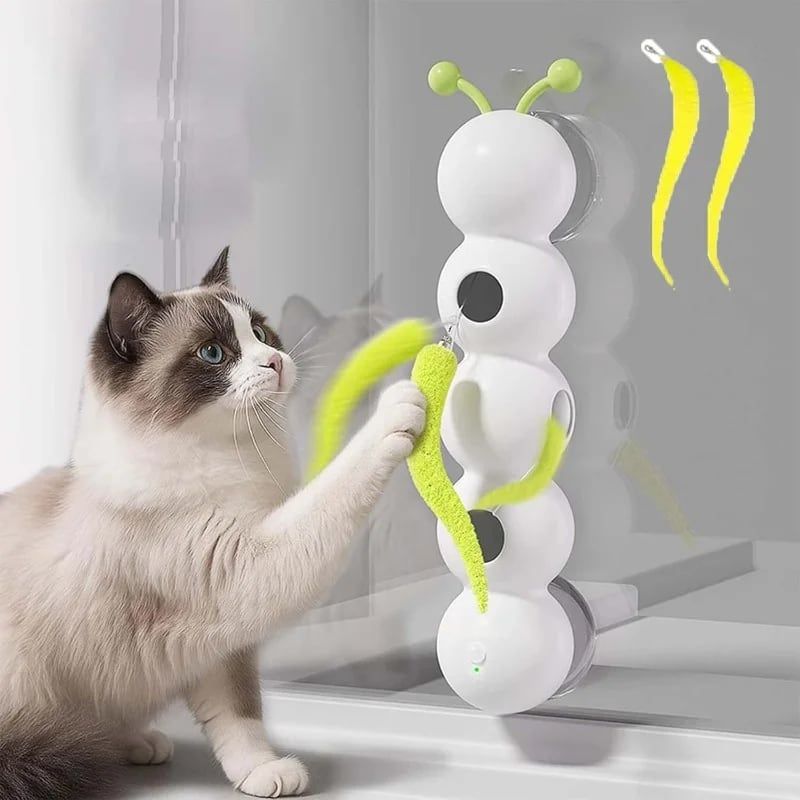 Interactive Cat Toy Caterpillar with Motion Sensor, Self-Play Feather Chaser with Suction Cup, Wall-Mounted or Floor-Use, Simulated Prey Movement for Feline Hunting Instincts (White)