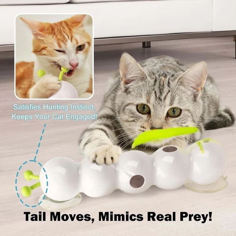 Interactive Cat Toy Caterpillar with Motion Sensor, Self-Play Feather Chaser with Suction Cup, Wall-Mounted or Floor-Use, Simulated Prey Movement for Feline Hunting Instincts (White)
