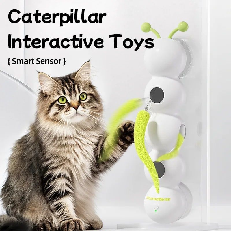 Interactive Cat Toy Caterpillar with Motion Sensor, Self-Play Feather Chaser with Suction Cup, Wall-Mounted or Floor-Use, Simulated Prey Movement for Feline Hunting Instincts (White)